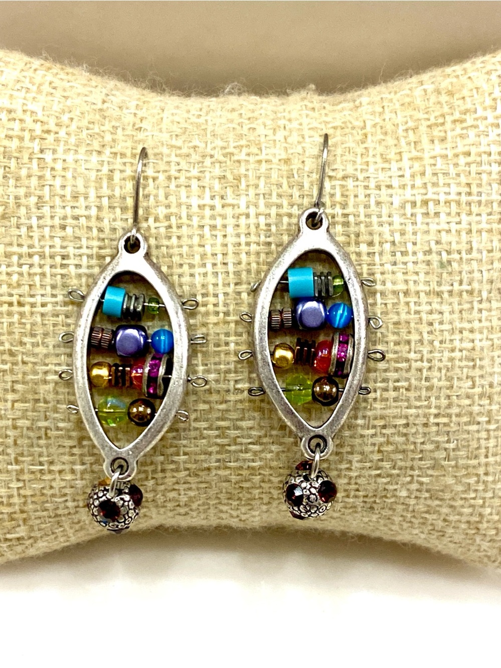Multicolor Beaded Drop Earrings with Silver-Tone Frame